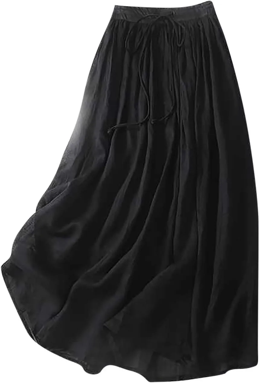 Women's Cotton Linen Skirts Summer Lightweight Casual Lace-Up Waist Long Skirt Beach Vacation Flowy Boho Skirts