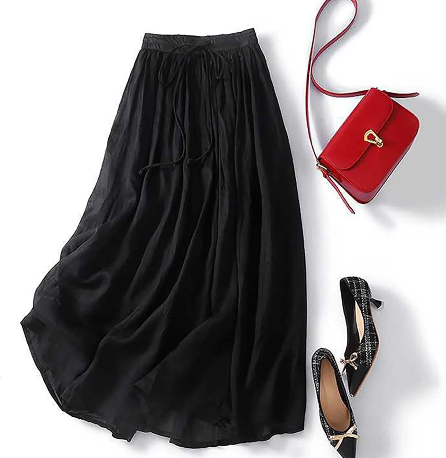 Women's Cotton Linen Skirts Summer Lightweight Casual Lace-Up Waist Long Skirt Beach Vacation Flowy Boho Skirts