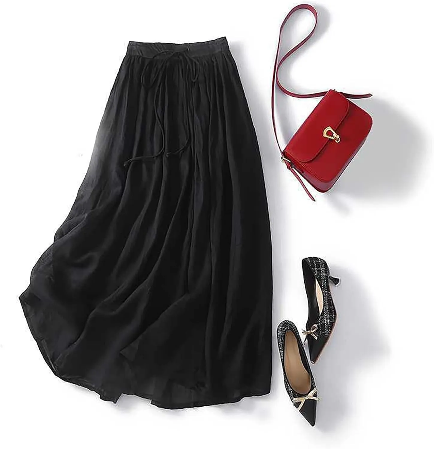 Women's Cotton Linen Skirts Summer Lightweight Casual Lace-Up Waist Long Skirt Beach Vacation Flowy Boho Skirts