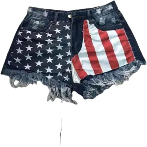 Women's Denim Shorts Flag Torn Tassel Denim Shorts for Women High Waisted Ripped Hem Frayed Short Jeans