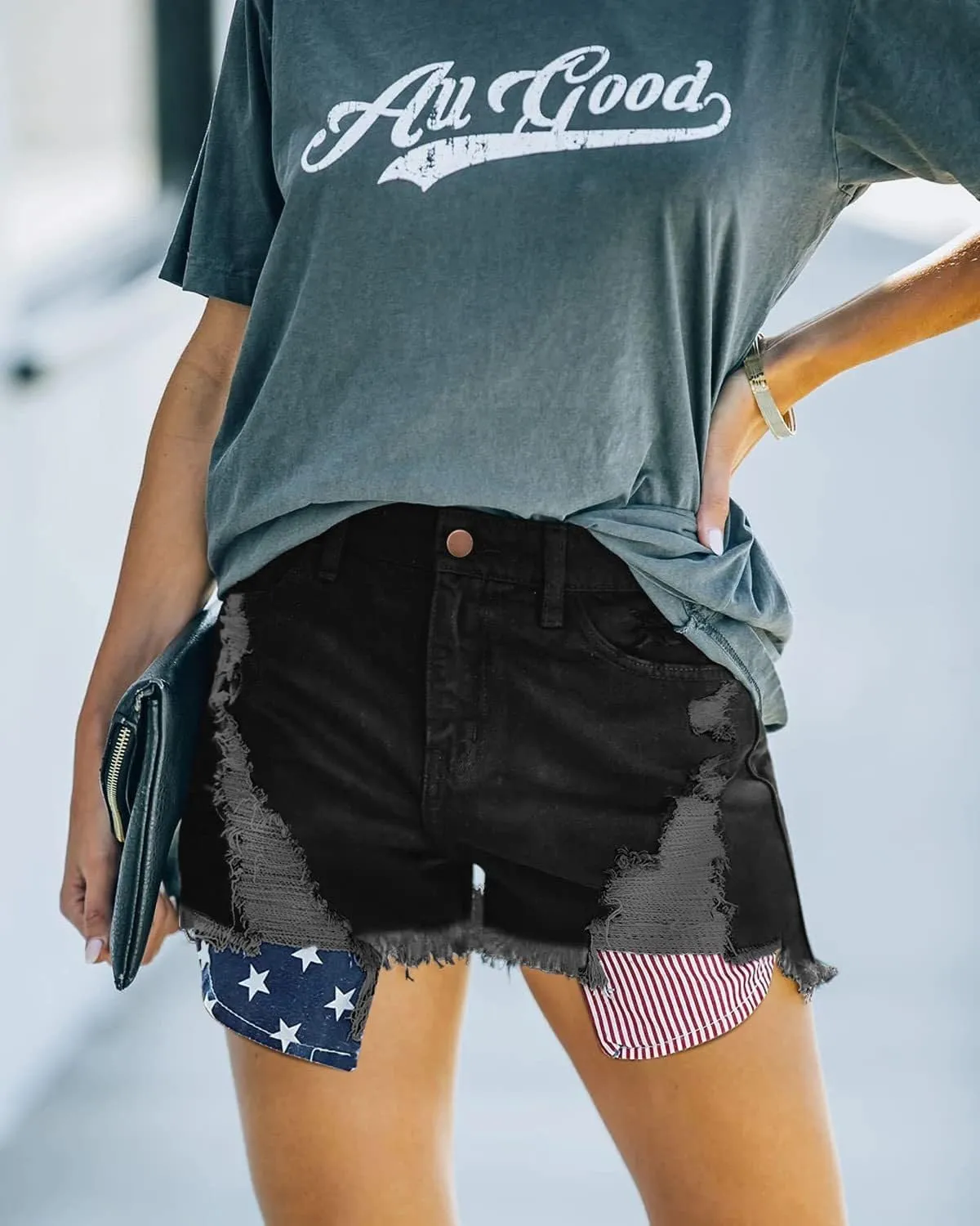Women's Denim Shorts Flag Torn Tassel Denim Shorts for Women High Waisted Ripped Hem Frayed Short Jeans