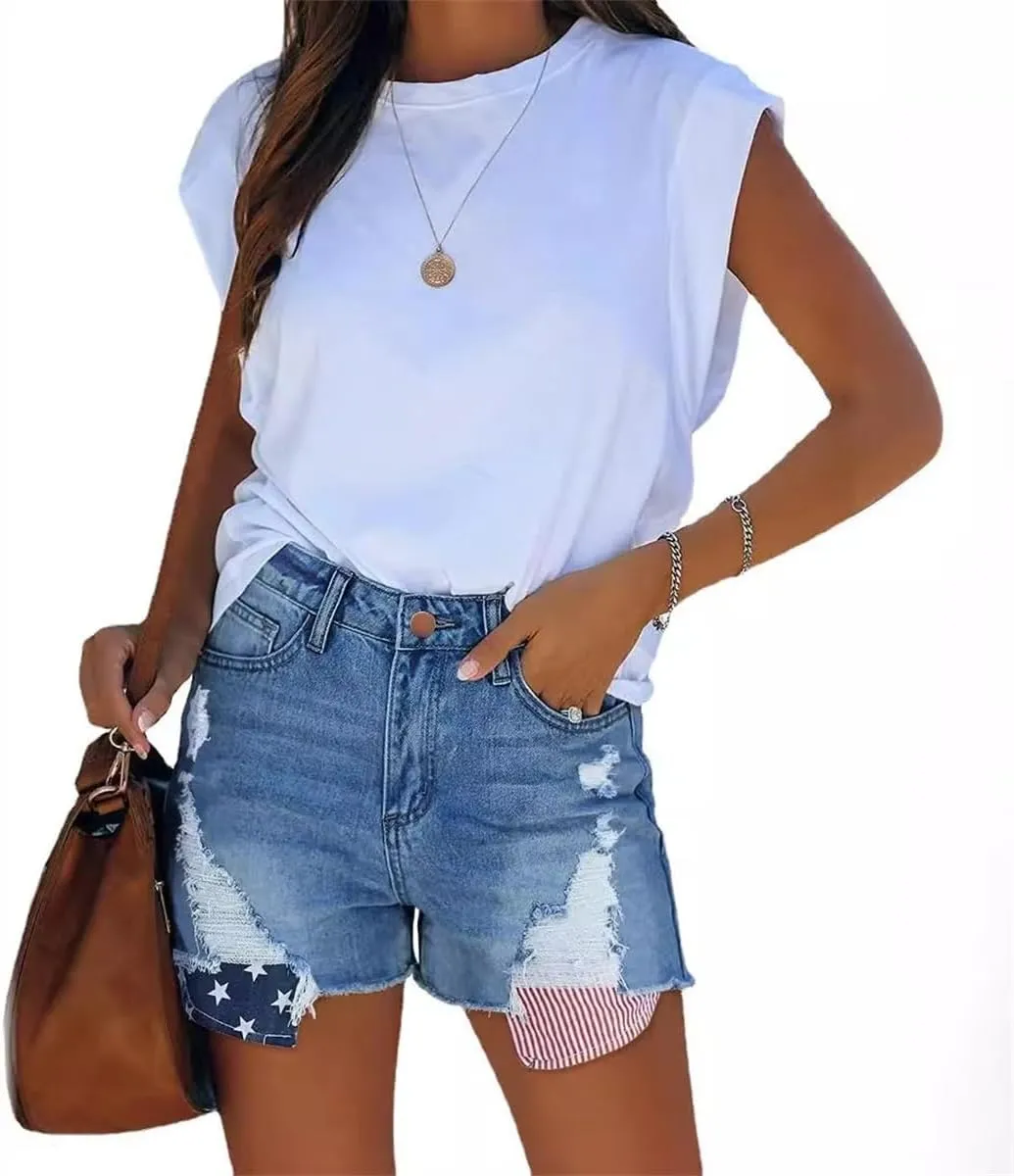 Women's Denim Shorts Flag Torn Tassel Denim Shorts for Women High Waisted Ripped Hem Frayed Short Jeans