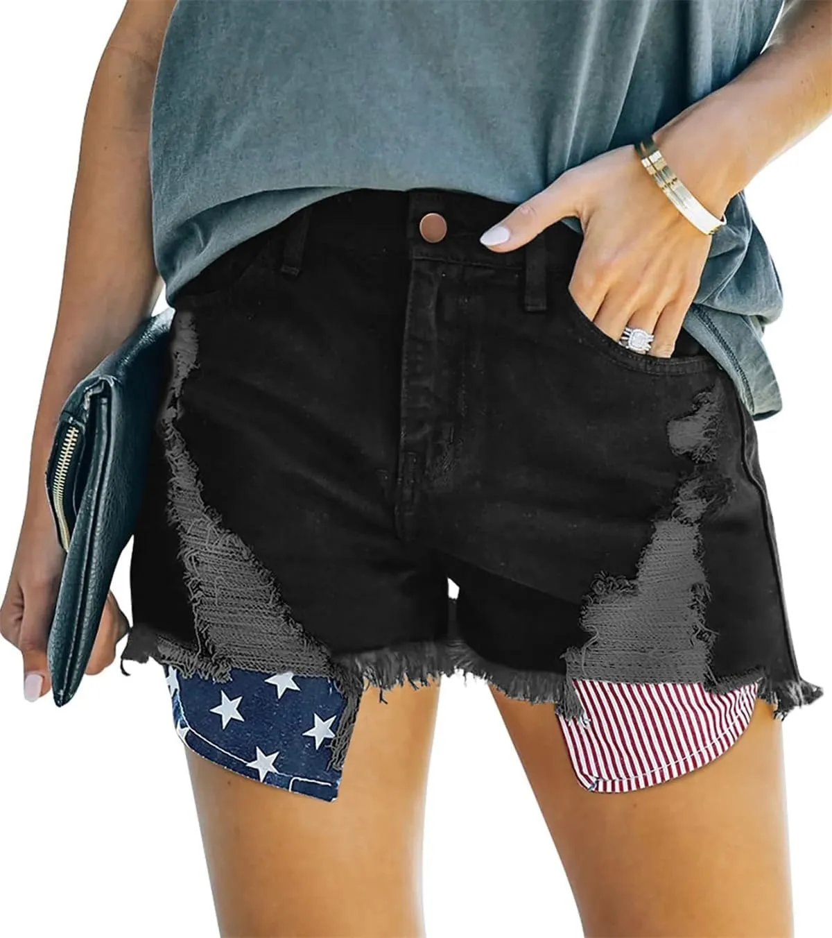 Women's Denim Shorts Flag Torn Tassel Denim Shorts for Women High Waisted Ripped Hem Frayed Short Jeans