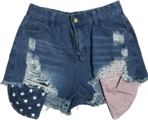 Women's Denim Shorts Flag Torn Tassel Denim Shorts for Women High Waisted Ripped Hem Frayed Short Jeans