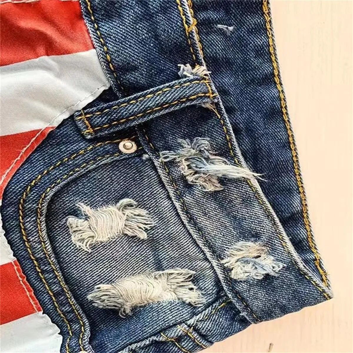 Women's Denim Shorts Flag Torn Tassel Denim Shorts for Women High Waisted Ripped Hem Frayed Short Jeans