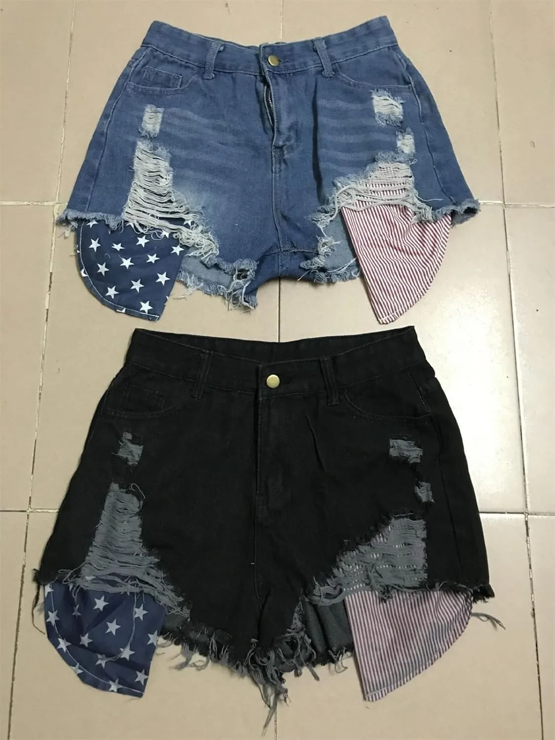 Women's Denim Shorts Flag Torn Tassel Denim Shorts for Women High Waisted Ripped Hem Frayed Short Jeans