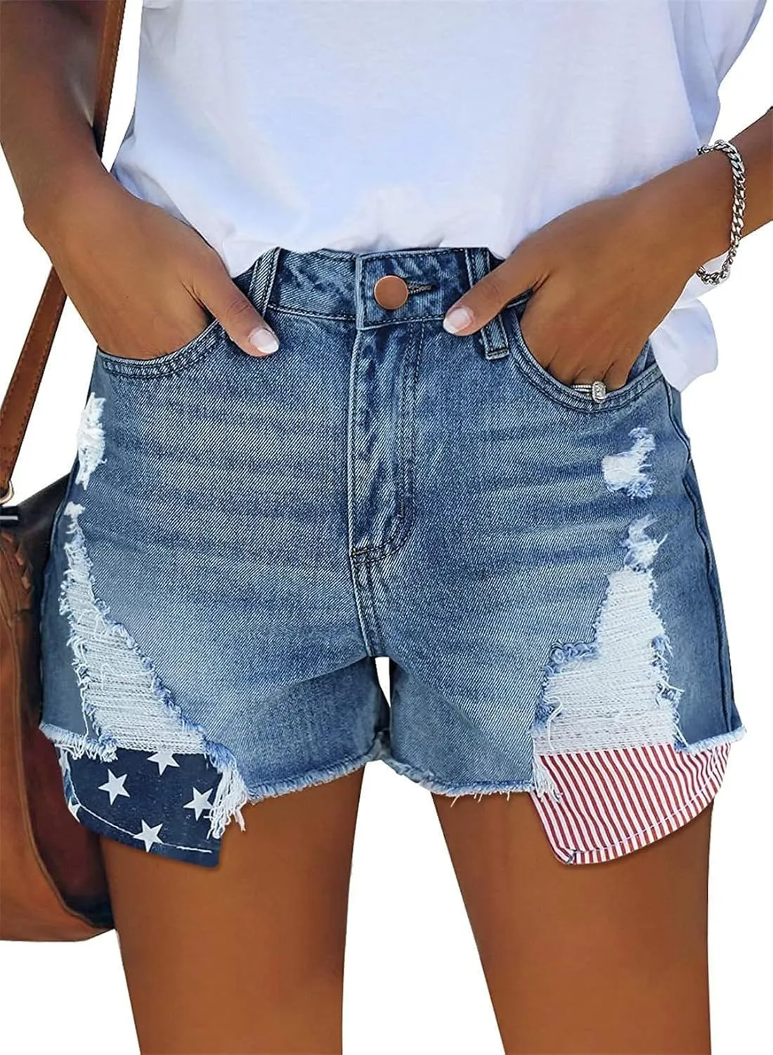 Women's Denim Shorts Flag Torn Tassel Denim Shorts for Women High Waisted Ripped Hem Frayed Short Jeans