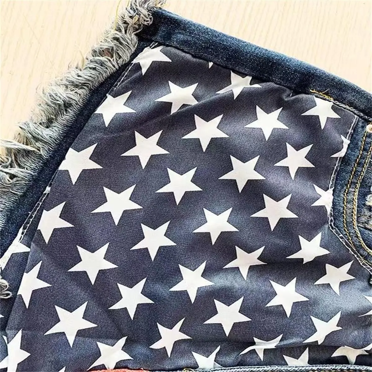 Women's Denim Shorts Flag Torn Tassel Denim Shorts for Women High Waisted Ripped Hem Frayed Short Jeans