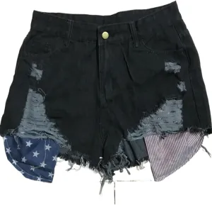 Women's Denim Shorts Flag Torn Tassel Denim Shorts for Women High Waisted Ripped Hem Frayed Short Jeans