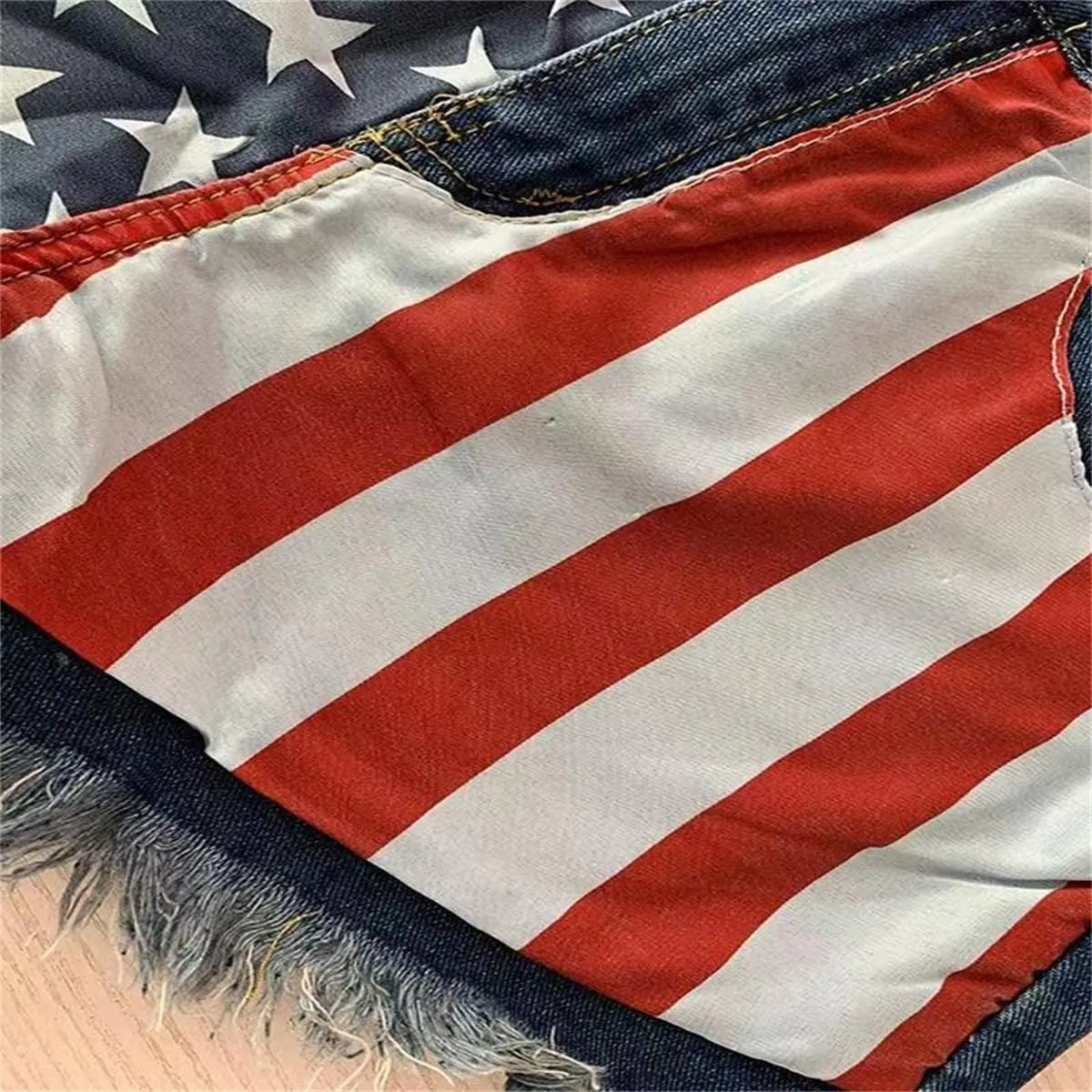 Women's Denim Shorts Flag Torn Tassel Denim Shorts for Women High Waisted Ripped Hem Frayed Short Jeans