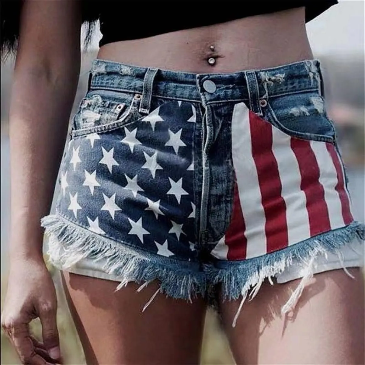 Women's Denim Shorts Flag Torn Tassel Denim Shorts for Women High Waisted Ripped Hem Frayed Short Jeans