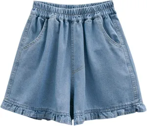 Women's Denim Shorts Pleated Plus Size Loose Lace High Waist Denim Shorts with Ruffled Hem Pockets Trendy Pants 2025