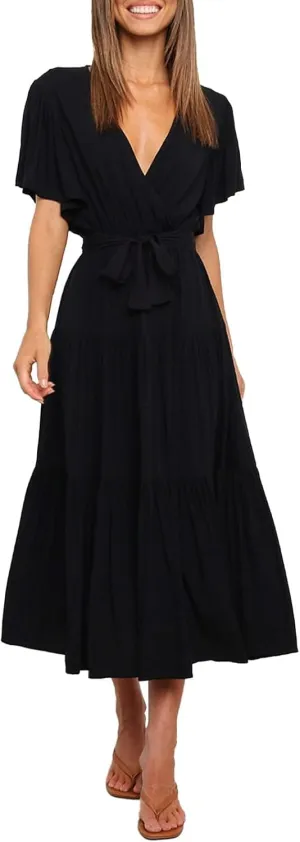 Womens Dresses Spring Sexy Dresses Short Sleeve Ruched Dress V Neck Tiered A Line Dress Summer with Belt