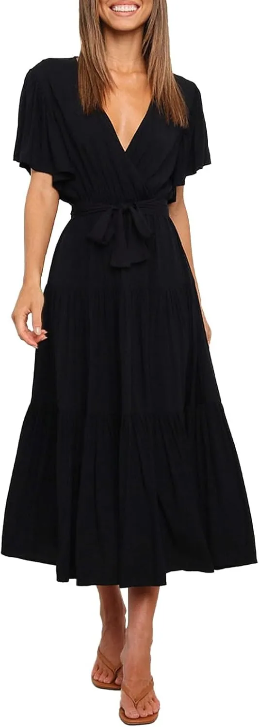 Womens Dresses Spring Sexy Dresses Short Sleeve Ruched Dress V Neck Tiered A Line Dress Summer with Belt