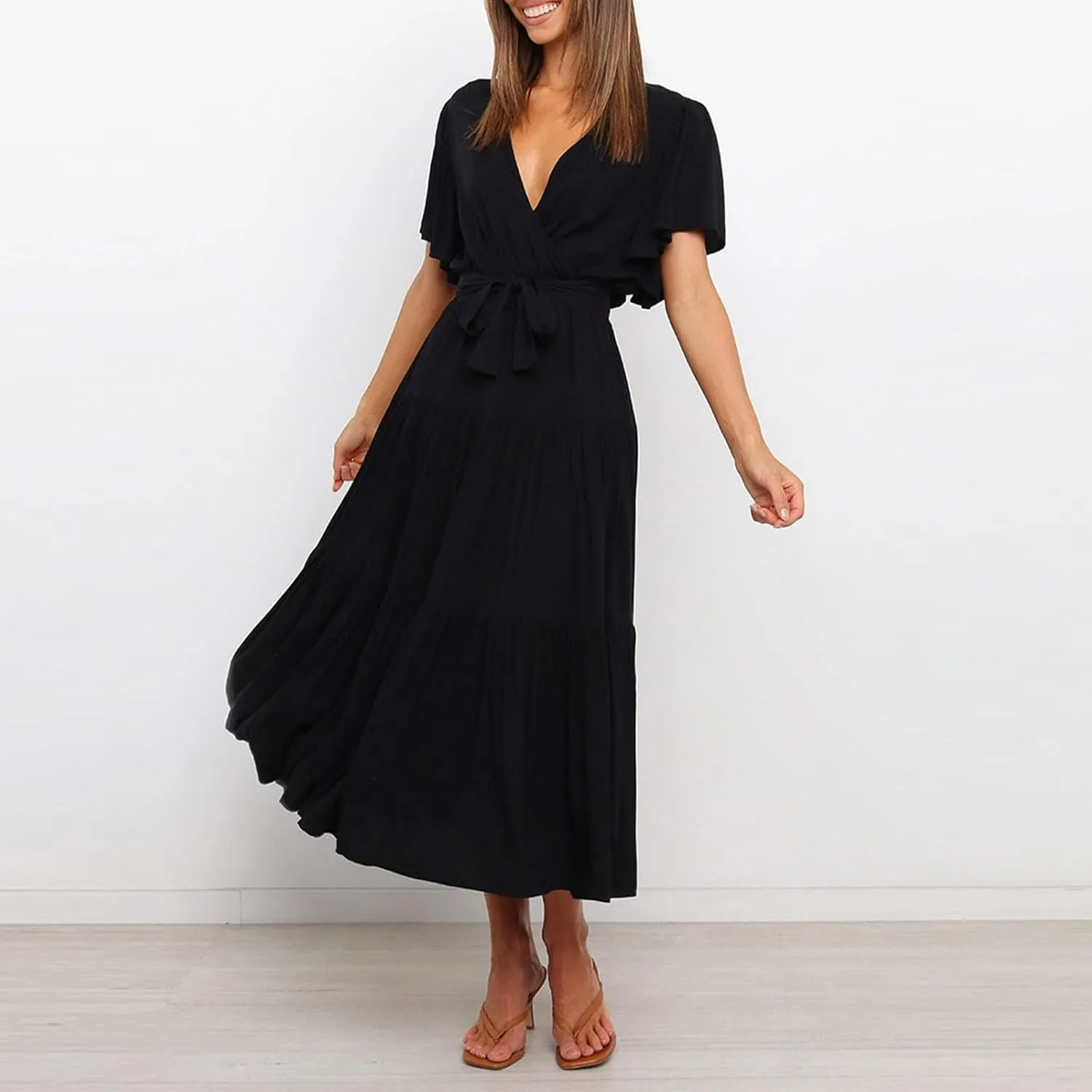 Womens Dresses Spring Sexy Dresses Short Sleeve Ruched Dress V Neck Tiered A Line Dress Summer with Belt