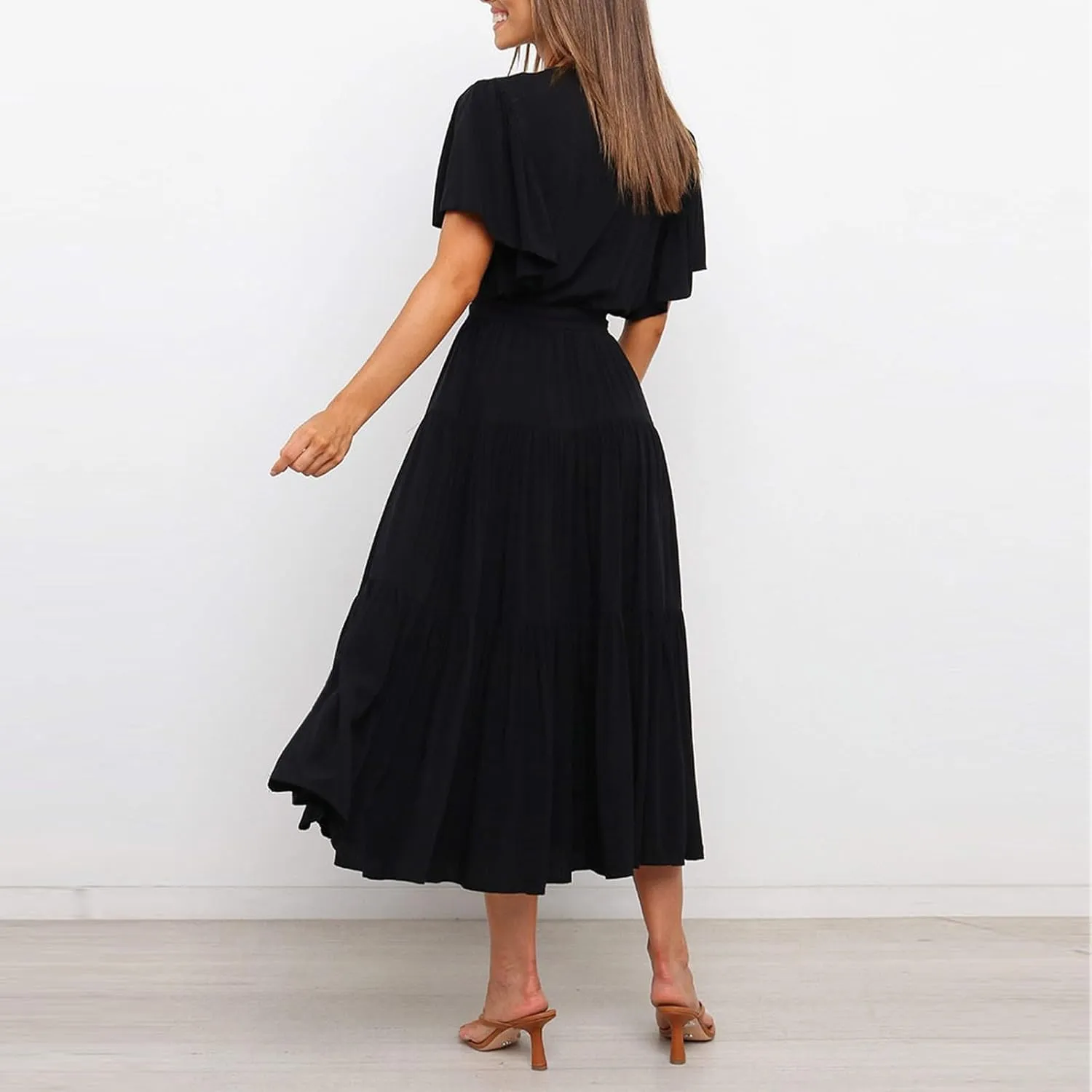 Womens Dresses Spring Sexy Dresses Short Sleeve Ruched Dress V Neck Tiered A Line Dress Summer with Belt