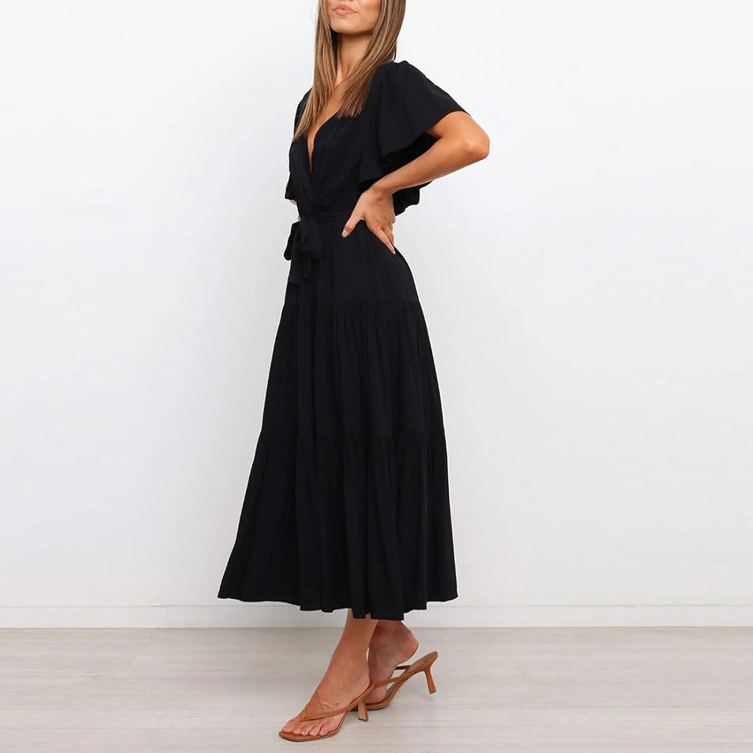 Womens Dresses Spring Sexy Dresses Short Sleeve Ruched Dress V Neck Tiered A Line Dress Summer with Belt