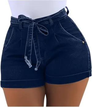 Women's Elastic Waist Tie Front Straight Denim Shorts Casual Drawstring Jean Shorts Summer Beach Shorts with Pocket