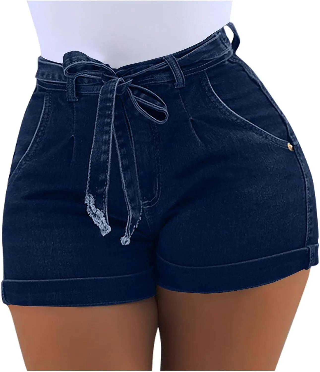 Women's Elastic Waist Tie Front Straight Denim Shorts Casual Drawstring Jean Shorts Summer Beach Shorts with Pocket