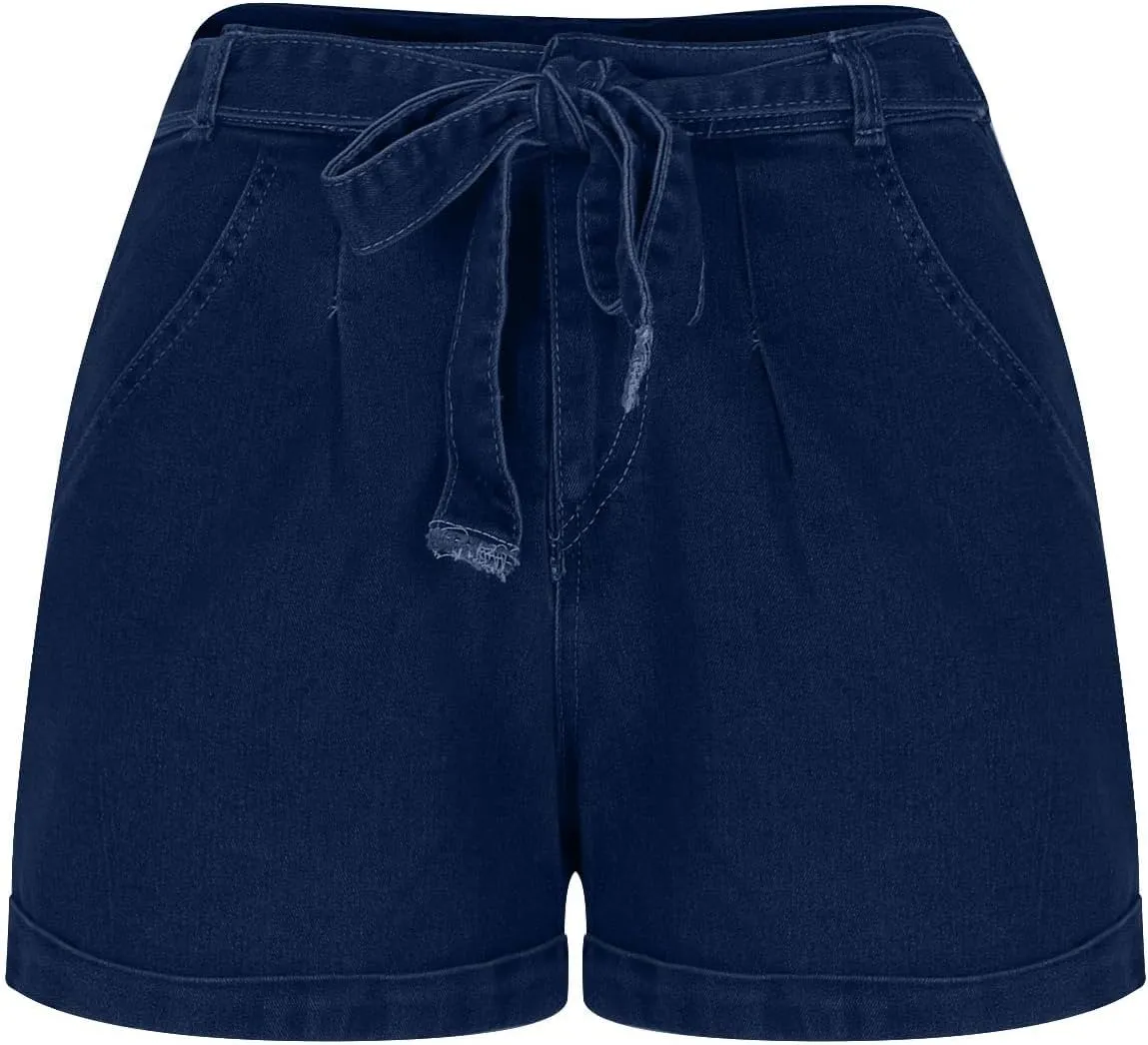 Women's Elastic Waist Tie Front Straight Denim Shorts Casual Drawstring Jean Shorts Summer Beach Shorts with Pocket