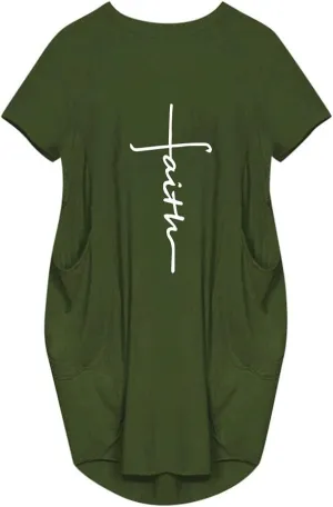 Women's Faith Baggy T-Shirt Dress Casual Oversize Short Sleeve Midi Dresses with Pocket