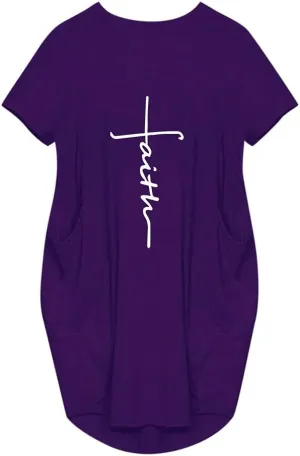 Women's Faith Baggy T-Shirt Dress Casual Oversize Short Sleeve Midi Dresses with Pocket