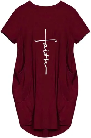 Women's Faith Baggy T-Shirt Dress Casual Oversize Short Sleeve Midi Dresses with Pocket