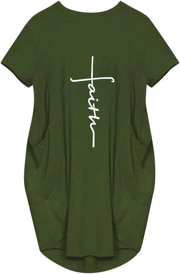 Women's Faith Baggy T-Shirt Dress Casual Oversize Short Sleeve Midi Dresses with Pocket