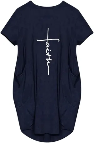 Women's Faith Baggy T-Shirt Dress Casual Oversize Short Sleeve Midi Dresses with Pocket
