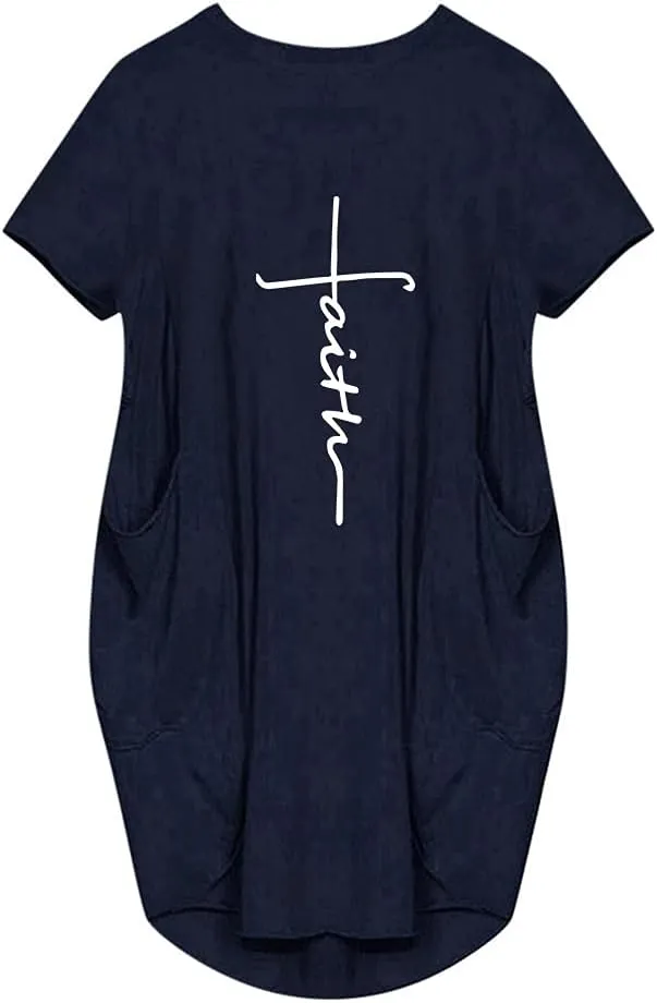 Women's Faith Baggy T-Shirt Dress Casual Oversize Short Sleeve Midi Dresses with Pocket
