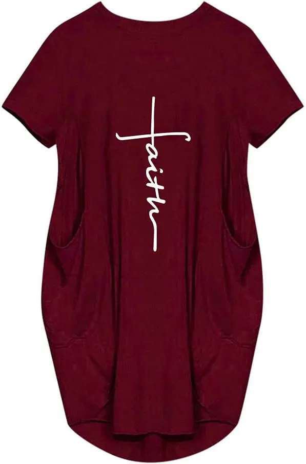 Women's Faith Baggy T-Shirt Dress Casual Oversize Short Sleeve Midi Dresses with Pocket