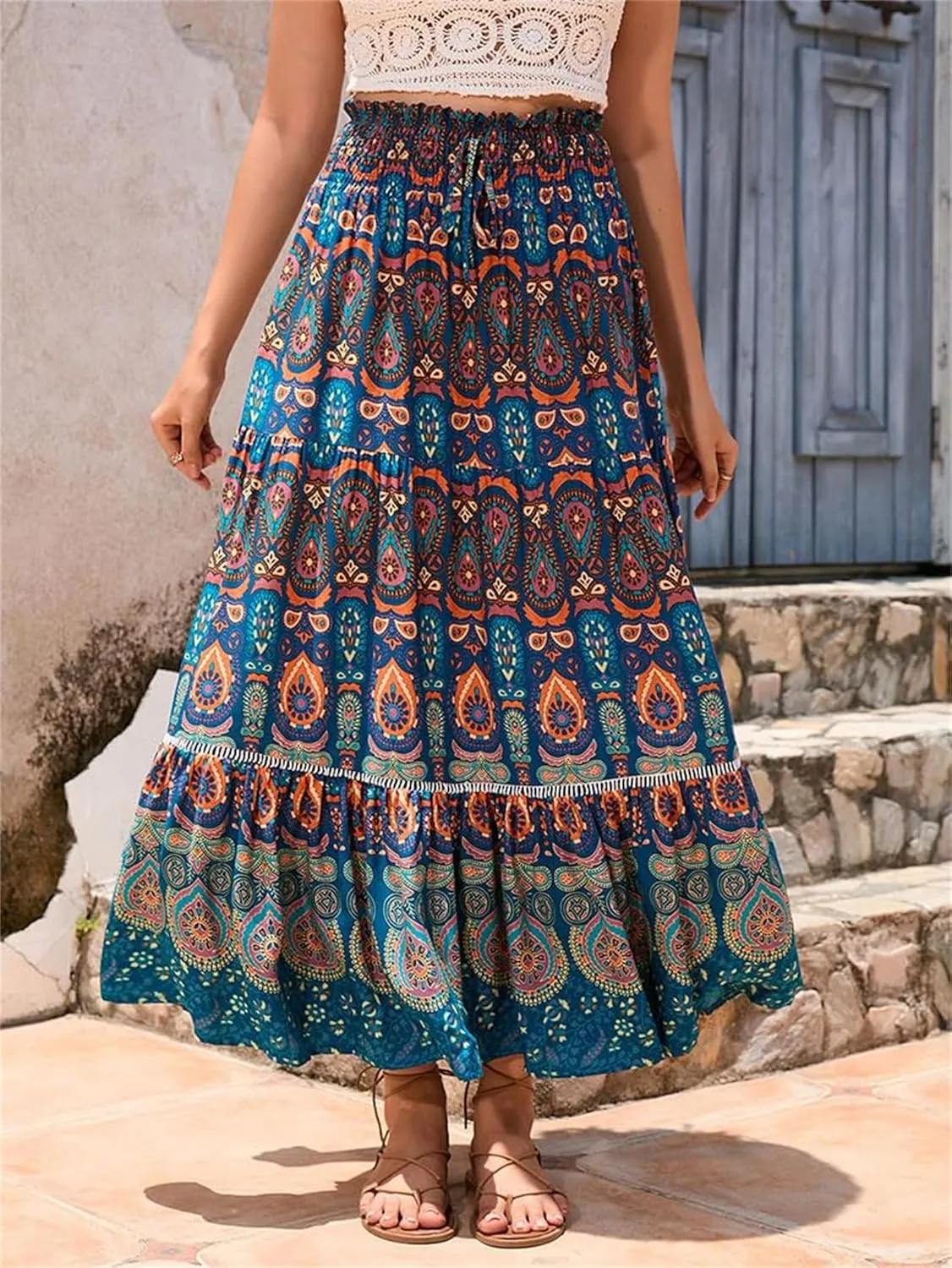 Womens Floral Print Boho Maxi Skirt Casual Elastic High Waist Skirts Pleated Ruffle Flowy Skirts Long Beach Skirt