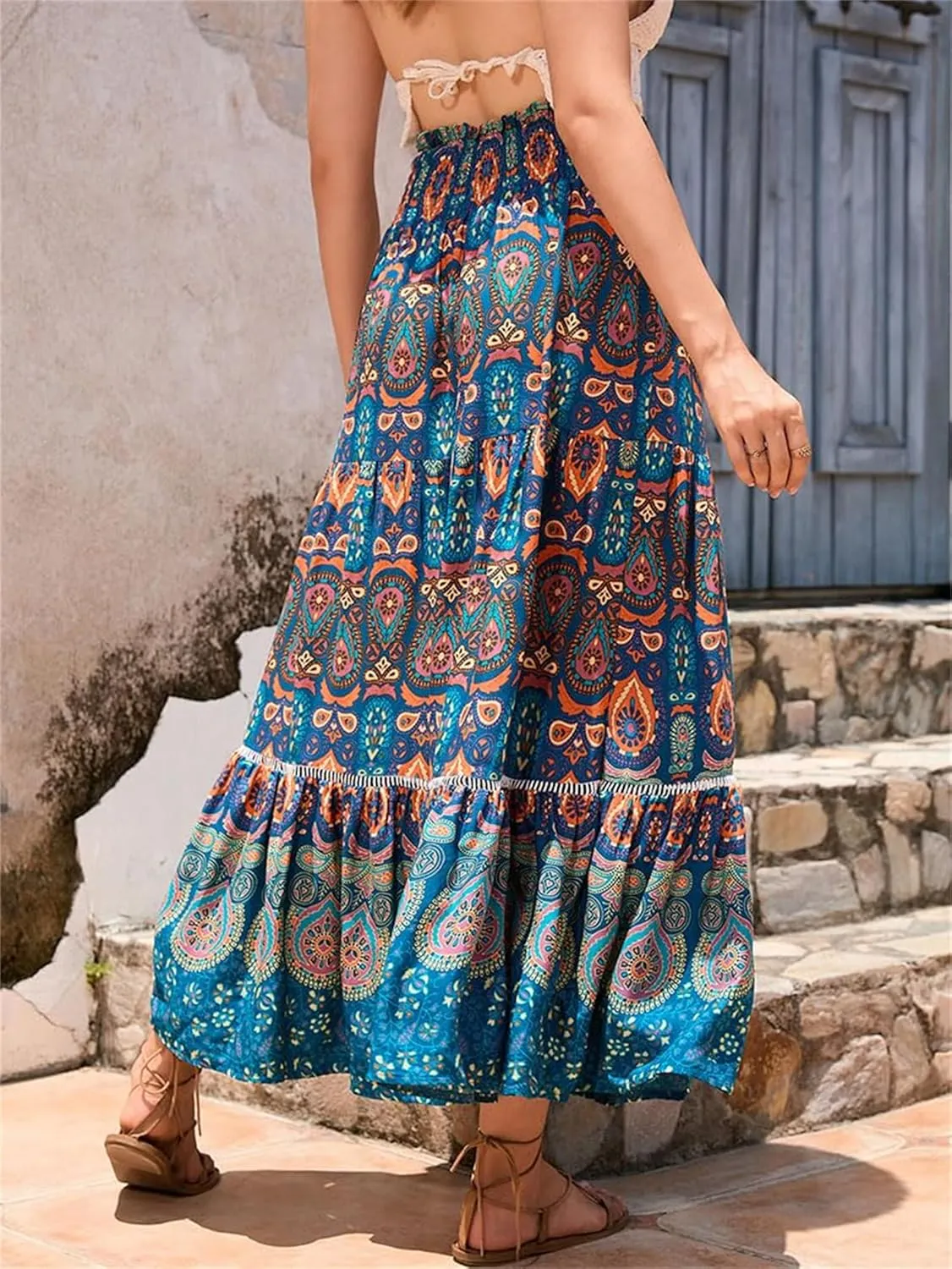 Womens Floral Print Boho Maxi Skirt Casual Elastic High Waist Skirts Pleated Ruffle Flowy Skirts Long Beach Skirt
