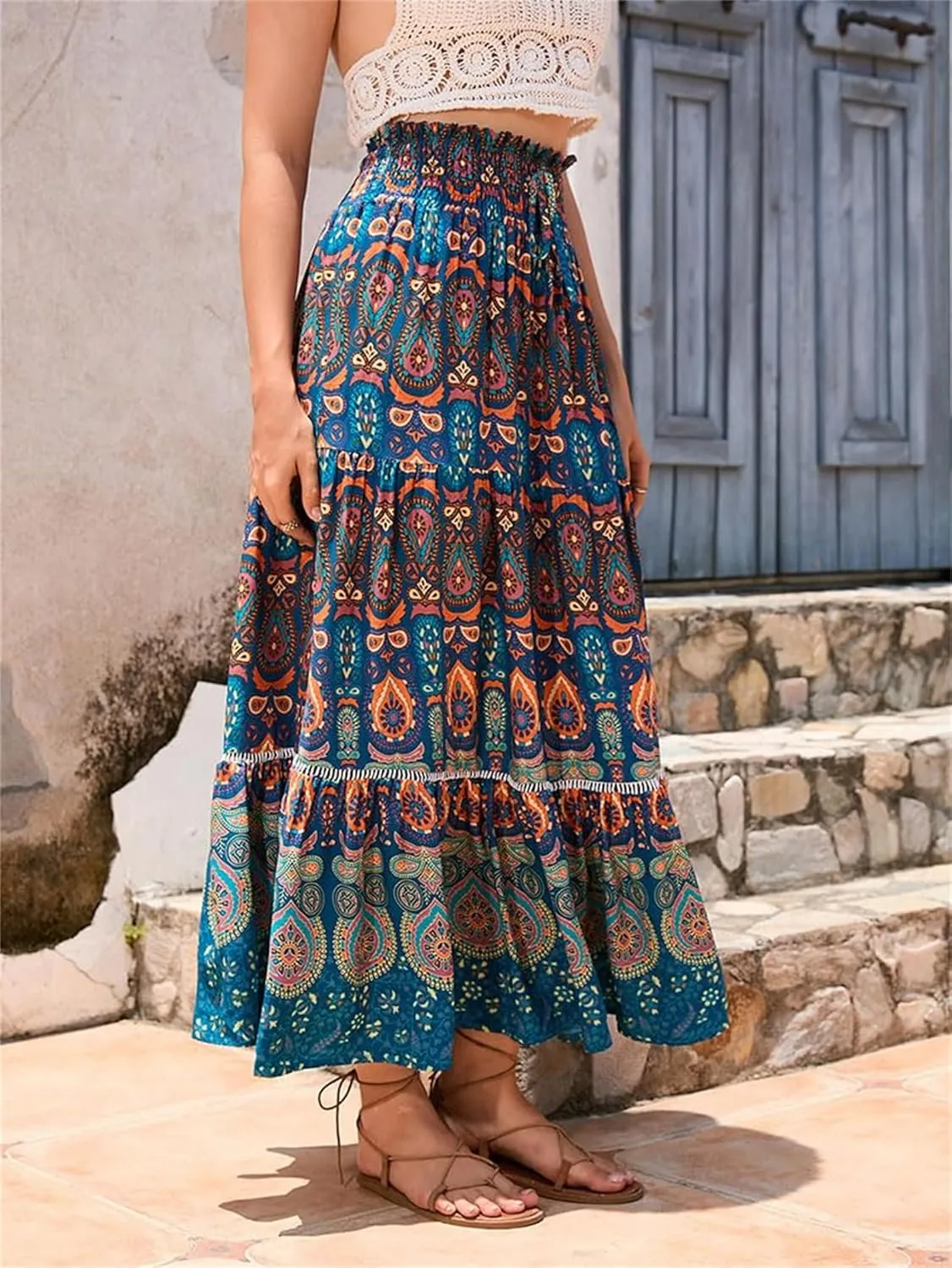 Womens Floral Print Boho Maxi Skirt Casual Elastic High Waist Skirts Pleated Ruffle Flowy Skirts Long Beach Skirt