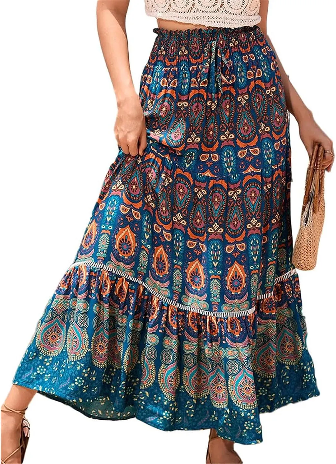 Womens Floral Print Boho Maxi Skirt Casual Elastic High Waist Skirts Pleated Ruffle Flowy Skirts Long Beach Skirt