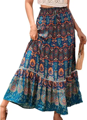 Womens Floral Print Boho Maxi Skirt Casual Elastic High Waist Skirts Pleated Ruffle Flowy Skirts Long Beach Skirt