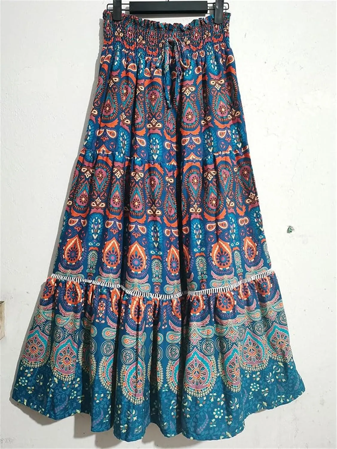 Womens Floral Print Boho Maxi Skirt Casual Elastic High Waist Skirts Pleated Ruffle Flowy Skirts Long Beach Skirt