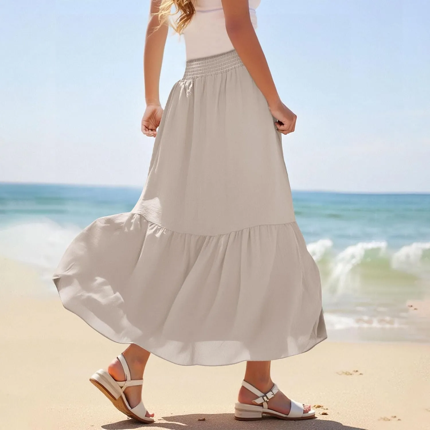 Women's Flowy Boho Skirts Trendy High Waist Beach Holiday Skirt 2025 Resort Wear Ruffle Swing Bohemian Half Dress