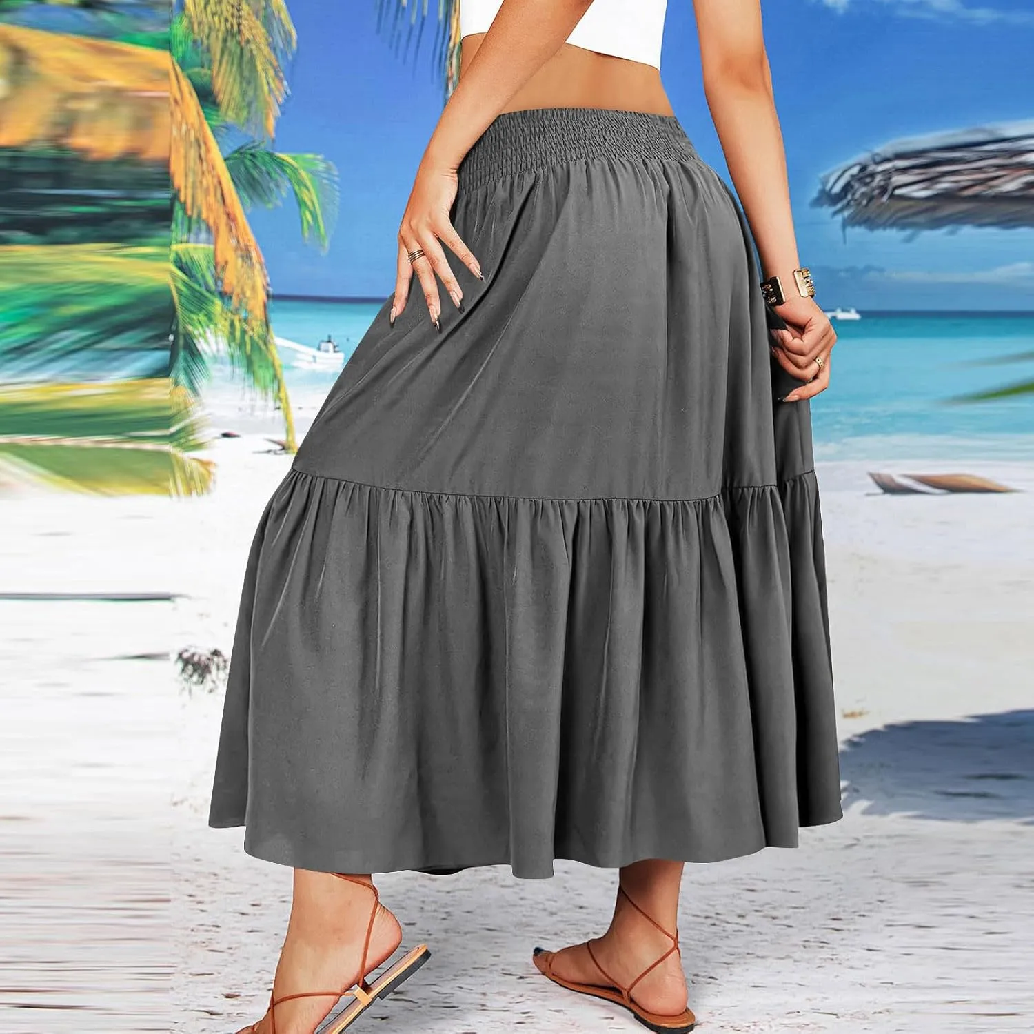 Women's Flowy Boho Skirts Trendy High Waist Beach Holiday Skirt 2025 Resort Wear Ruffle Swing Bohemian Half Dress