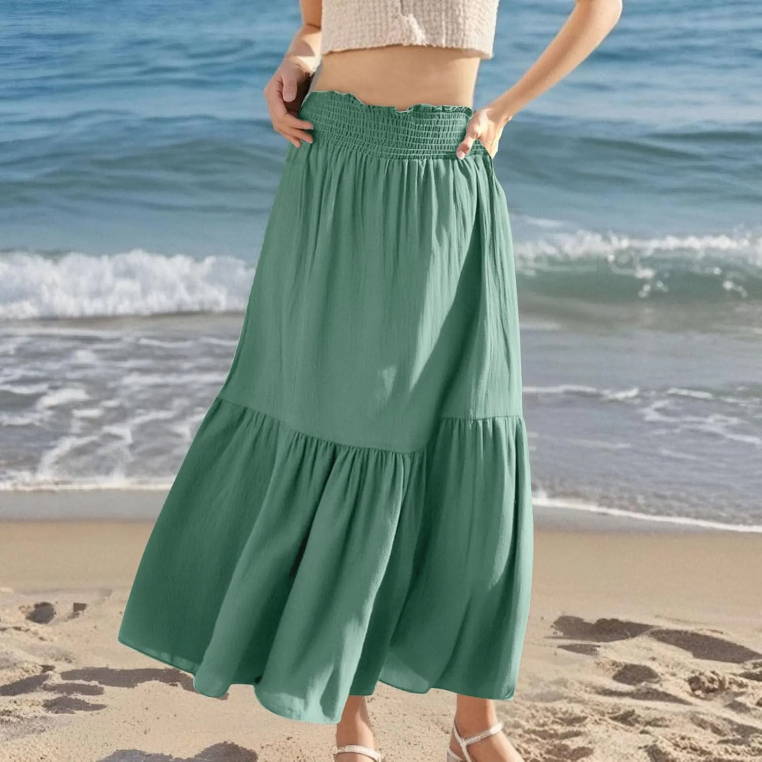 Women's Flowy Boho Skirts Trendy High Waist Beach Holiday Skirt 2025 Resort Wear Ruffle Swing Bohemian Half Dress