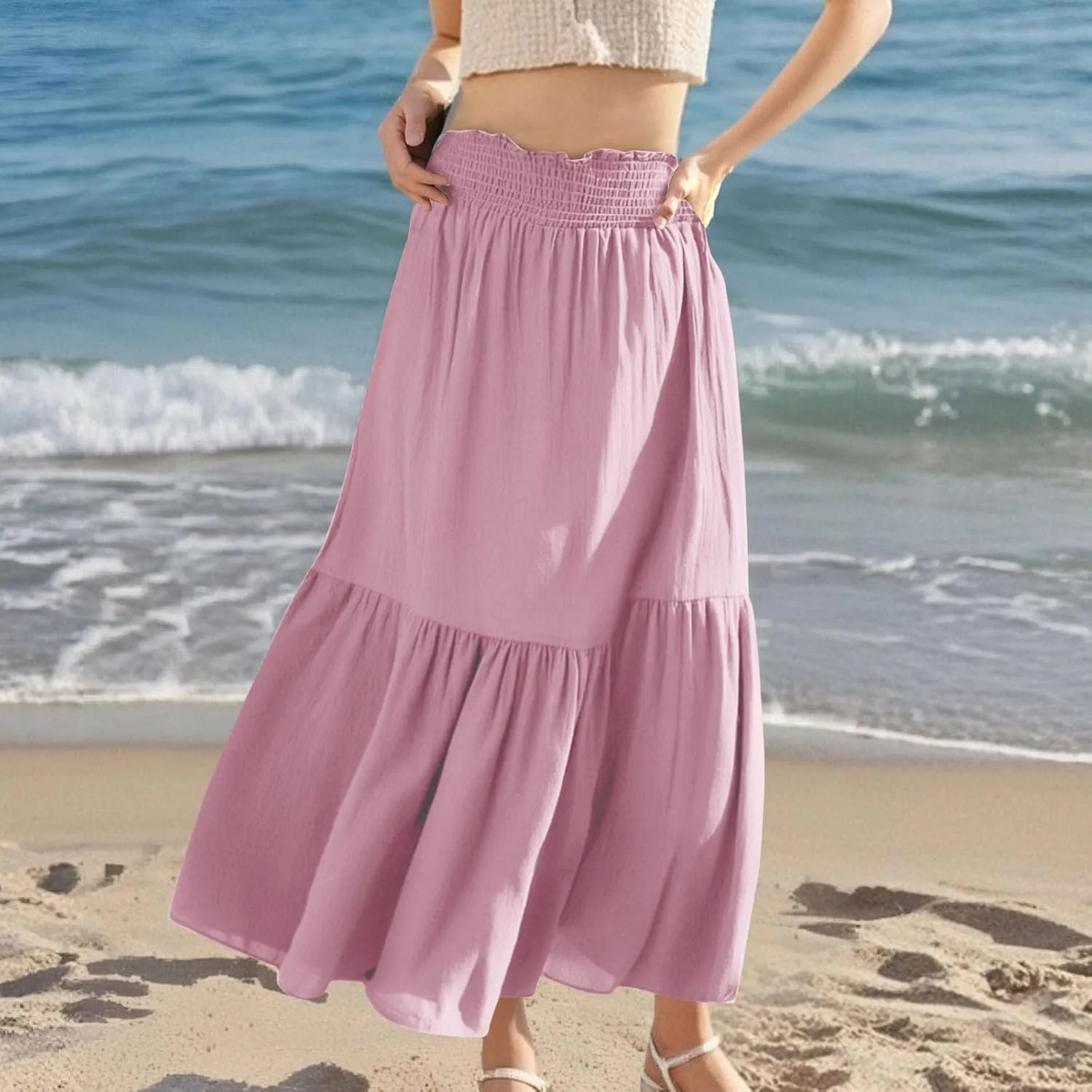 Women's Flowy Boho Skirts Trendy High Waist Beach Holiday Skirt 2025 Resort Wear Ruffle Swing Bohemian Half Dress