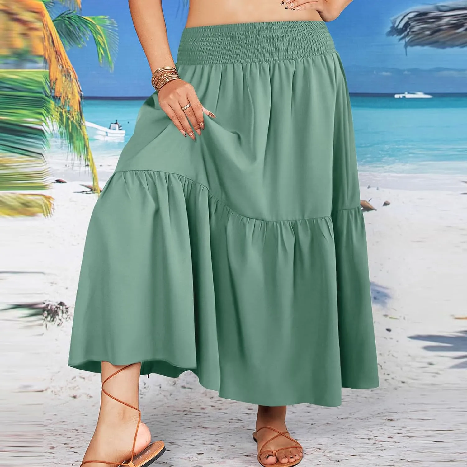 Women's Flowy Boho Skirts Trendy High Waist Beach Holiday Skirt 2025 Resort Wear Ruffle Swing Bohemian Half Dress