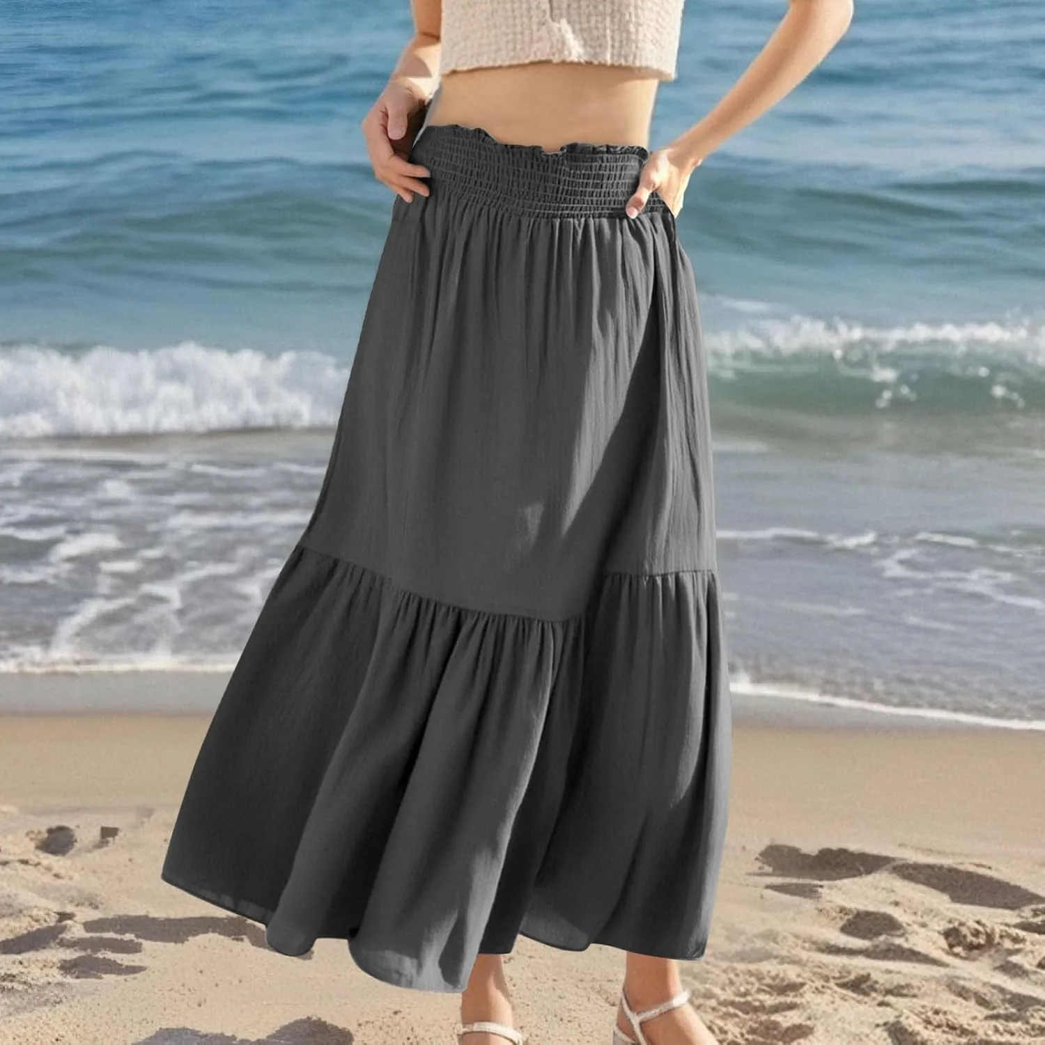 Women's Flowy Boho Skirts Trendy High Waist Beach Holiday Skirt 2025 Resort Wear Ruffle Swing Bohemian Half Dress