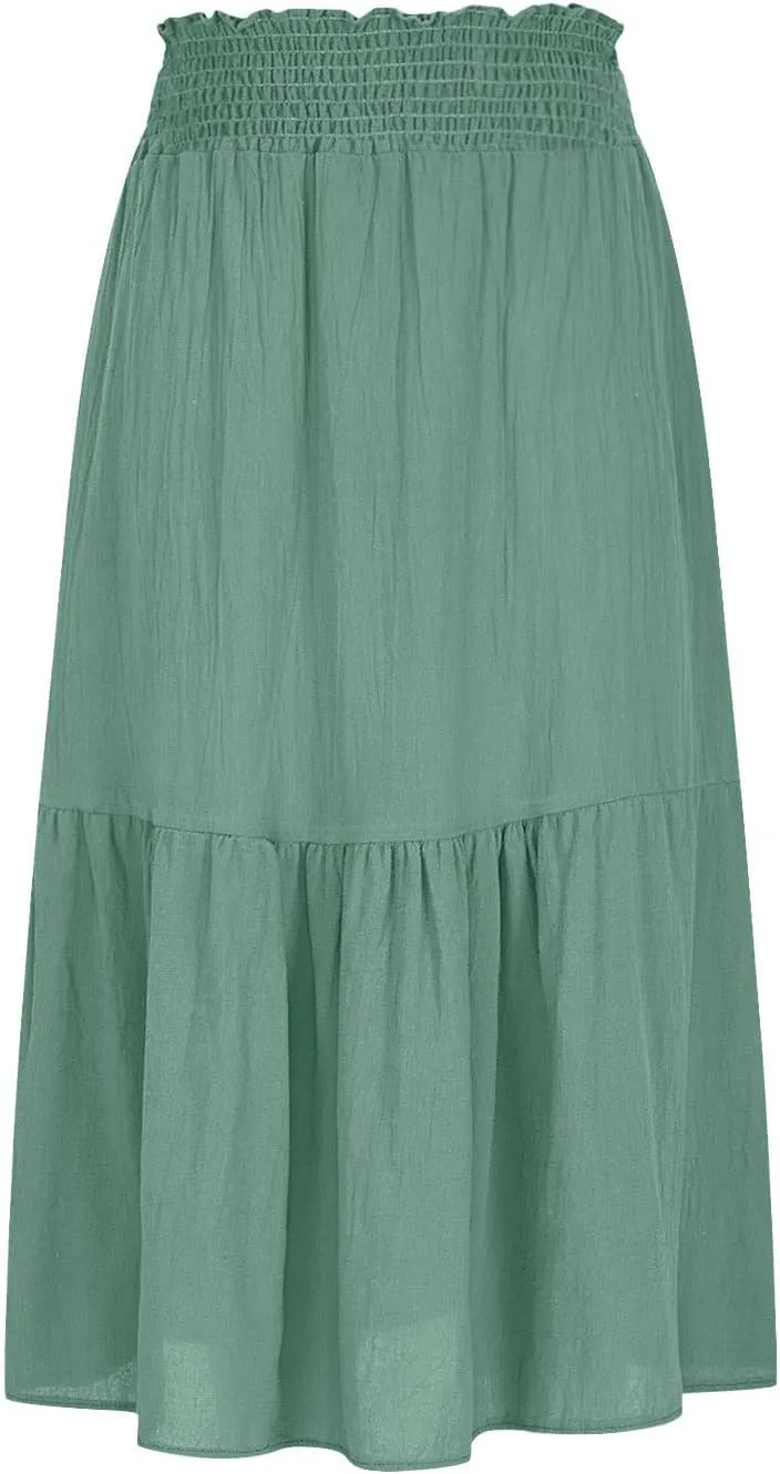 Women's Flowy Boho Skirts Trendy High Waist Beach Holiday Skirt 2025 Resort Wear Ruffle Swing Bohemian Half Dress