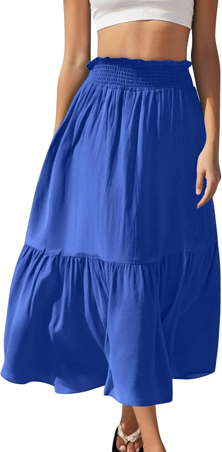 Women's Flowy Boho Skirts Trendy High Waist Beach Holiday Skirt 2025 Resort Wear Ruffle Swing Bohemian Half Dress