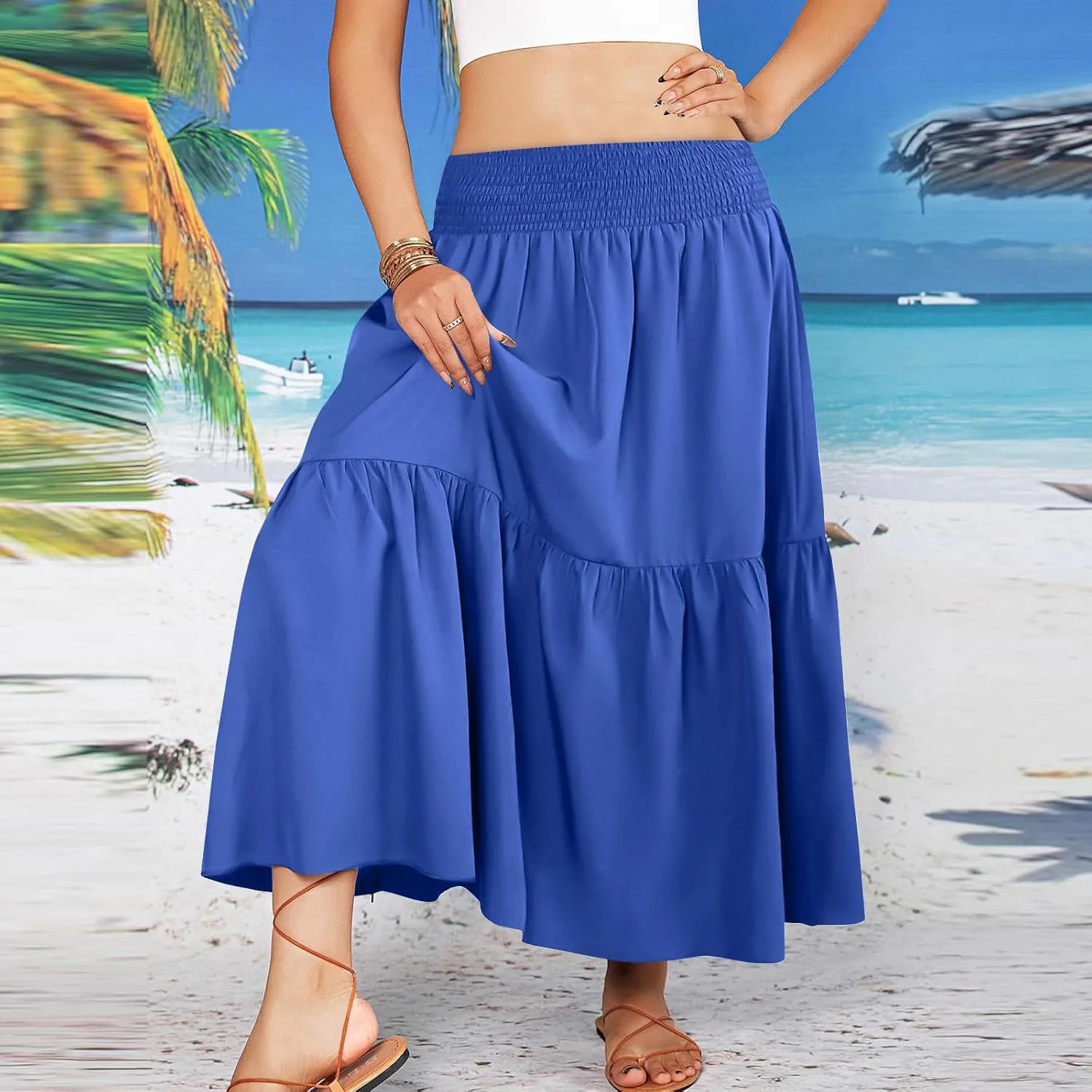 Women's Flowy Boho Skirts Trendy High Waist Beach Holiday Skirt 2025 Resort Wear Ruffle Swing Bohemian Half Dress