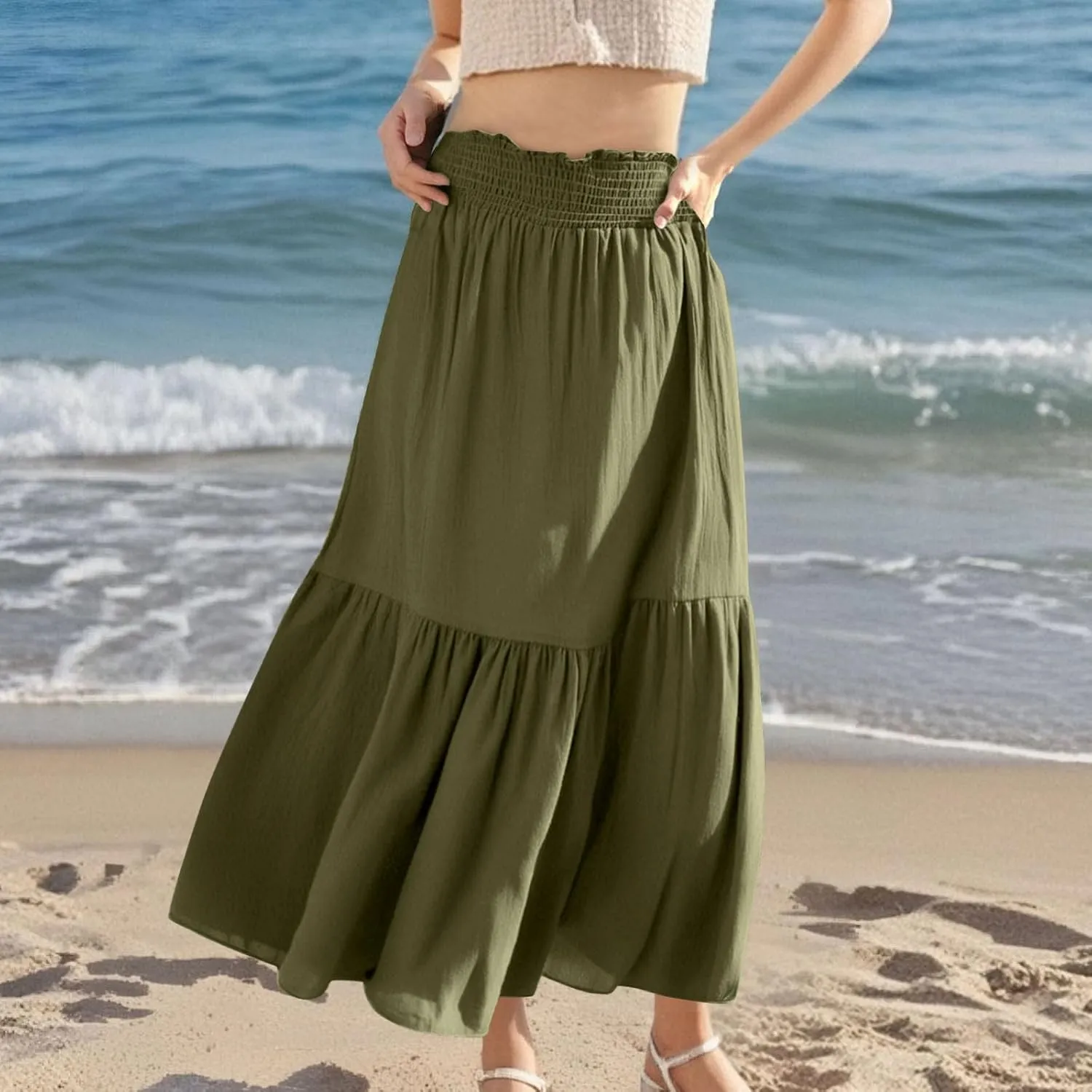 Women's Flowy Boho Skirts Trendy High Waist Beach Holiday Skirt 2025 Resort Wear Ruffle Swing Bohemian Half Dress
