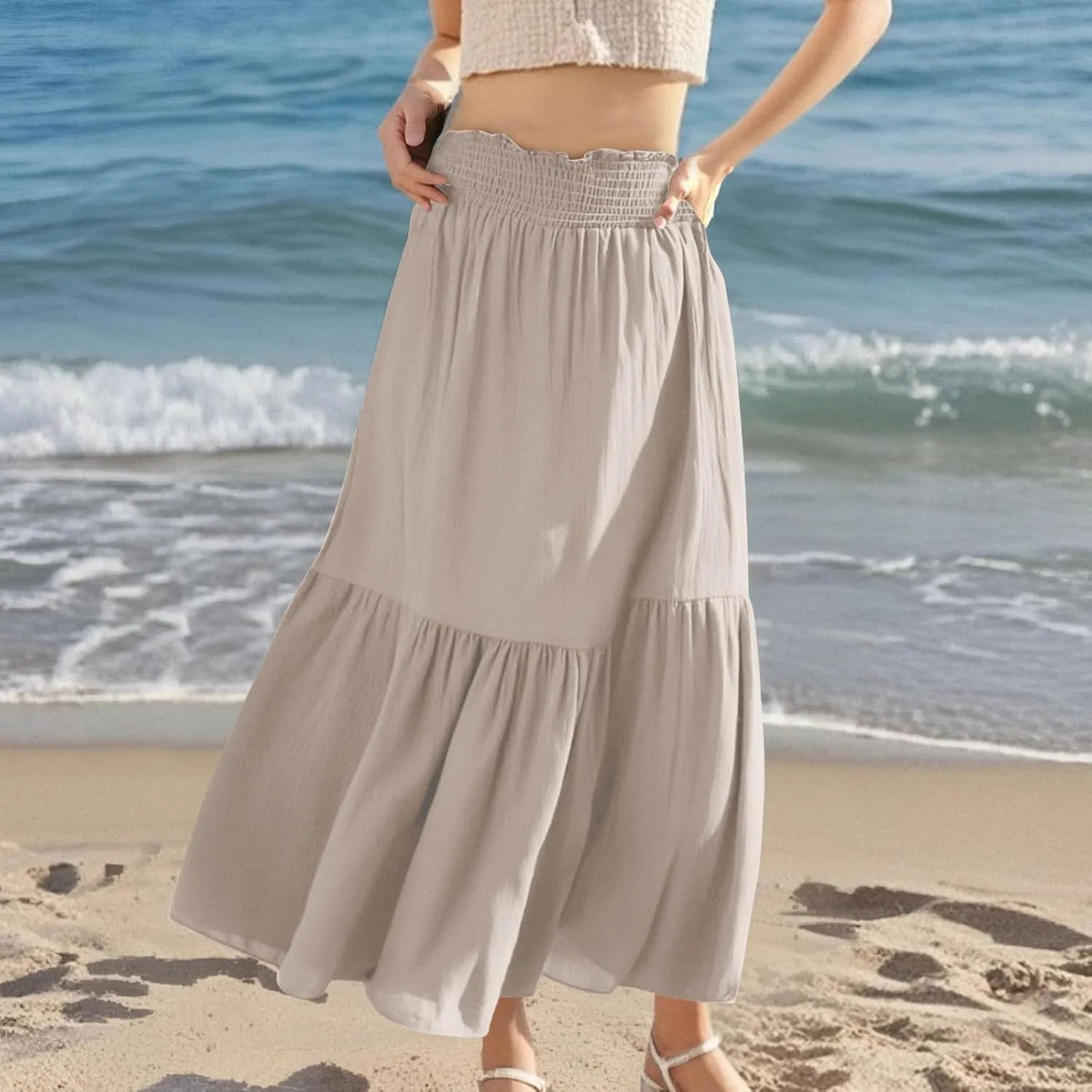 Women's Flowy Boho Skirts Trendy High Waist Beach Holiday Skirt 2025 Resort Wear Ruffle Swing Bohemian Half Dress
