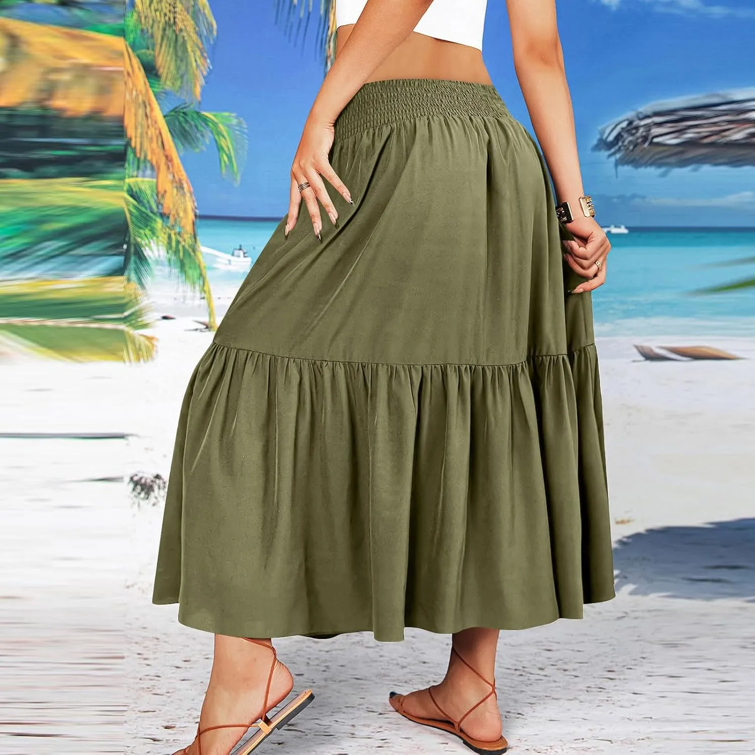 Women's Flowy Boho Skirts Trendy High Waist Beach Holiday Skirt 2025 Resort Wear Ruffle Swing Bohemian Half Dress
