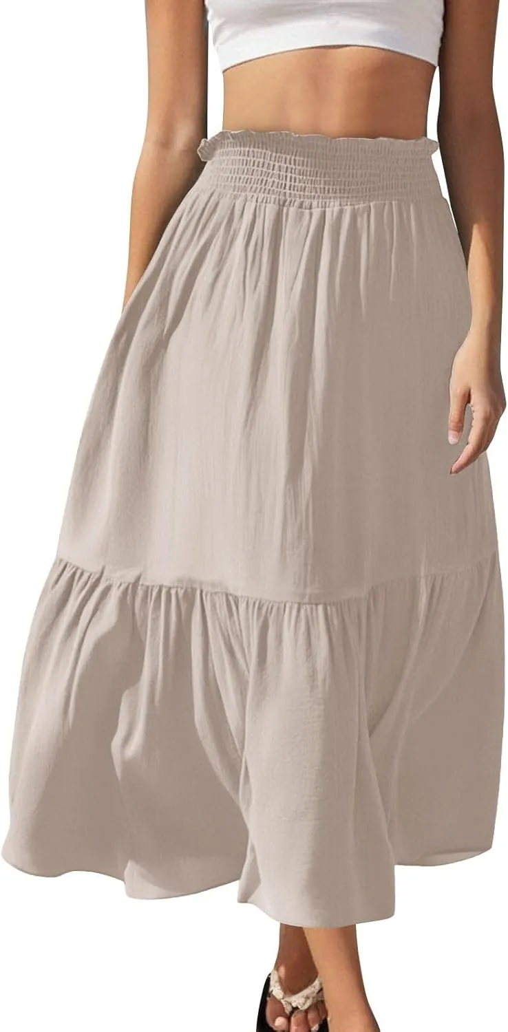 Women's Flowy Boho Skirts Trendy High Waist Beach Holiday Skirt 2025 Resort Wear Ruffle Swing Bohemian Half Dress